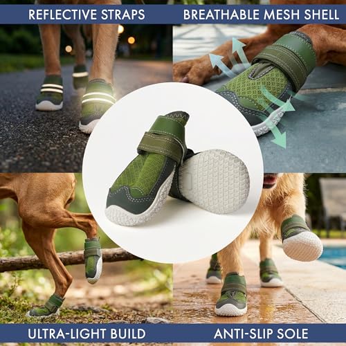 Image of Spark Paws Dog Shoes for Large Small Medium Dogs Breathable Dog Booties for Hiking, Summer Hot Pavement Paw Protectors for Non Slip Rubber Dog Boots for Outdoor (Green, Size 4)