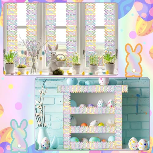 Image of BeYumi Iridescent Bunny Border Trim - 65ft Back to School Rabbit Holographic Straight Rolled Border Trim Laser Bunny Bulletin Board School Classroom Office Door Chalkboard Springtime Party Decoration