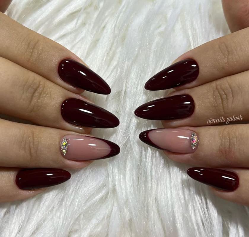 12 Handmade Almond Shape Reusable Artificial Fake Nail Lightweight, Long-lasting, Quick Fix For Festivals (wine color)-picture-29