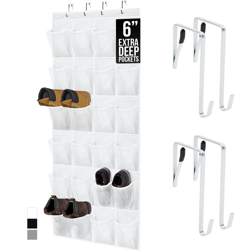 GORILLA GRIP Over the Door Shoe Organizer, 24 Extra Large Breathable Mesh Pockets, Space Saving Hanging Storage Holder, 4 Hook Closet Rack Hanger, Hangs on Closets for Shoes and Accessories, White