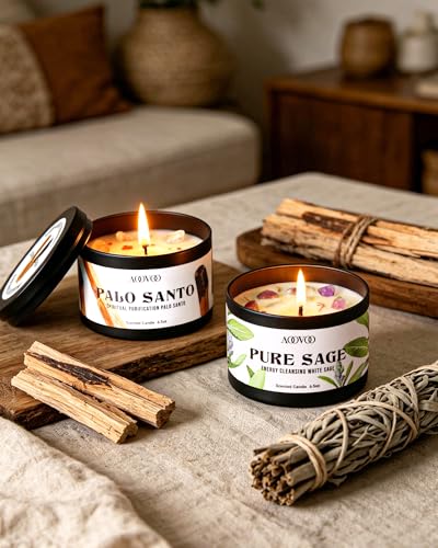 Image of AOOVOO 4 Pack Sage Candles - 2 Sage & 2 Palo Santo Candle Set with Crystals & Decor, 26oz 200 Hours Long Lasting, Non Toxic Candles for Spiritual House Energy Cleansing