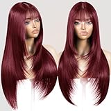 ZRLK Long Wine Red Wig with Bangs for Women Synthetic Heat-Resistant Hair Layered Style Hair for Daily and Party Use