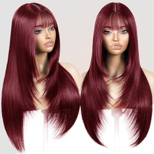ZRLK Long Wine Red Wig with Bangs for Women Synthetic Heat-Resistant Hair Layered Style Hair for Daily and Party Use