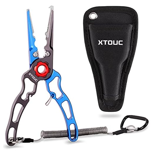 XTOUC Fishing Pliers,Titanium Alloy Clamp Head Fishing Gear,Saltwater Resistant Fishing Tools,Hook Remover Braid Line Cutting and Split Ring Pliers,with Sheath and Lanyard (Blue&Gray)