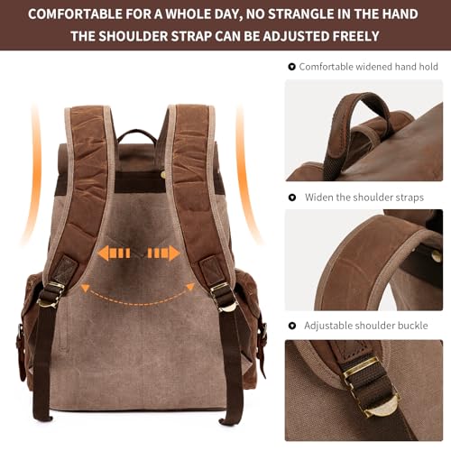 Image of HuaChen Vintage Waxed Canvas Backpack with Genuine Leather Flap, Travel & Work Rucksack, Water-Resistant Daypack with Anti-Theft Pocket, Large (15.6 inch), M80 Brown