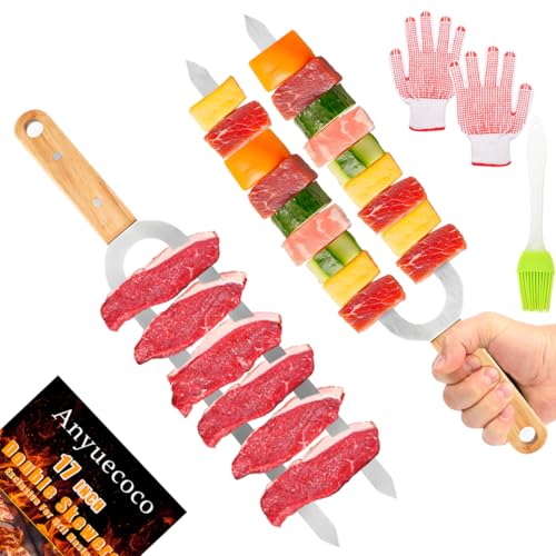 Anyuecoco Skewers for Grilling,2 PCS - 17 Inch Double Pronged Kabob Skewers With Wooden Handles,Heavy Duty Stainless Steel Skewer, Flat Skewer,For Grilling Meat, Vegetables, and Outdoor Cooking