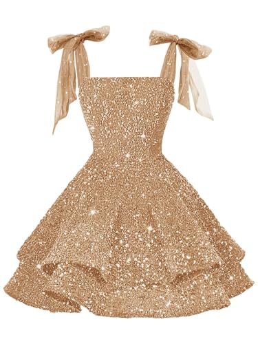 Dypaha Cute Square Flower Girl Dress Champagne Gold Sparkly Sequin Elegant Tiered Velvet Wedding First Communion Gowns Kids Princess Birthday Evening Party Bow Mini Dress 8T