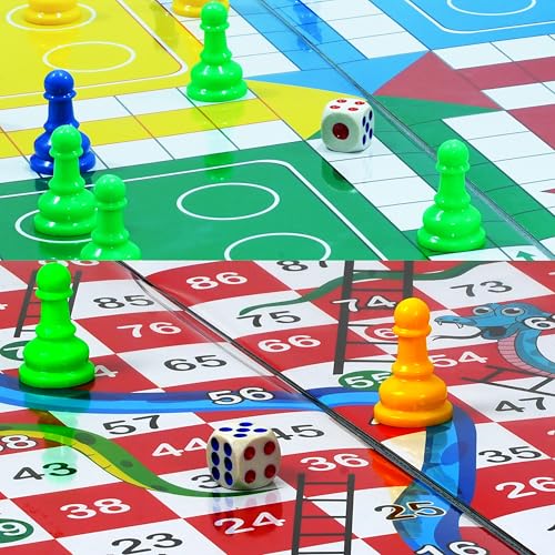 Image of Ludo and Snakes and Ladders Board Game (46 x 46 cm) Double Sided Family Board Game with Dice and Pawns for Kids and Adults Indoor Party Travel Game for 2 to 4 Players Age 6 Plus