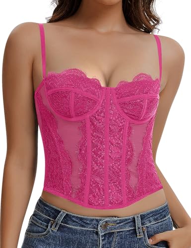 Image of Lace Corset Tops for Women Sexy Going Out Bustier Top Sleeveless Adjustable Straps Crop Tops with Back Hooks
