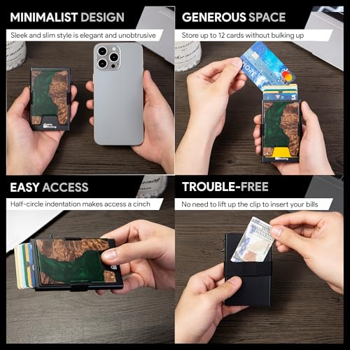 Image of Minimalist Mens Card Holder Wallet, RFID Blocking Slim Smart Pop Up Aluminum Wallet,Holds 12+ Cards,Expandable Compact Plate,Cash Strap /Money Clip (Resin Green Wood)
