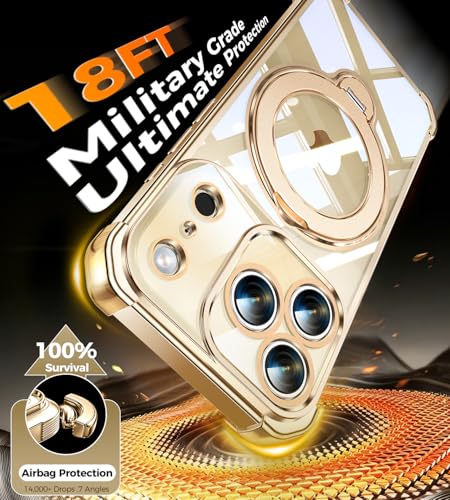 Image of Soft Case for iPhone 17 Pro with 360 Rotating Magnetic Stand, Compatible with Mag-Safe, 4X MIL-Drop Protection, Lightweight Glossy Anti-Yellowing Clear Back Phone Cover for iPhone 17 Pro 6.3 inch, Gold