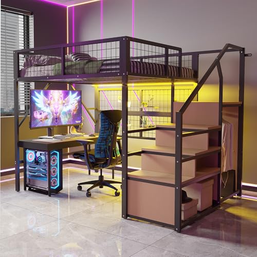 LZPUOUI Litera Cama Alta 140x200 Negro Dormitorio Juvenil mit Luces LED App y Armario Estructura de Metal in Hierro con Escalera de Almacenaje Ahorro de Espacio für Adolescentes y Adultos