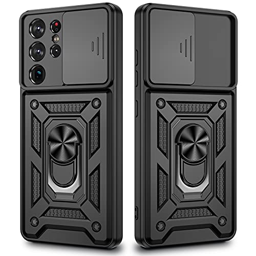 VEGO for Galaxy S21 Ultra Stand Case with Slide Camera Cover, Built-in 360Â° Rotate Ring Kickstand Magnetic Cover Case for Samsung Galaxy S21 Ultra 5G 6.8 inch, Black