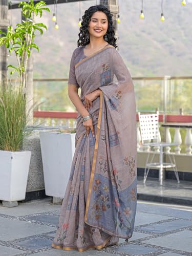 Image of SIRIL Women's Cotton Linen Printed Zari Border Saree with Unstitched Blouse Piece