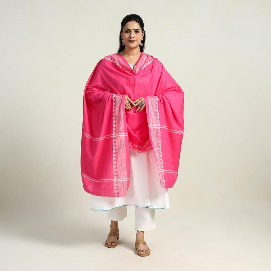Image of Cotton Dupatta with weaving and Ikat woven border from the Weavers Stole for Girls & Women