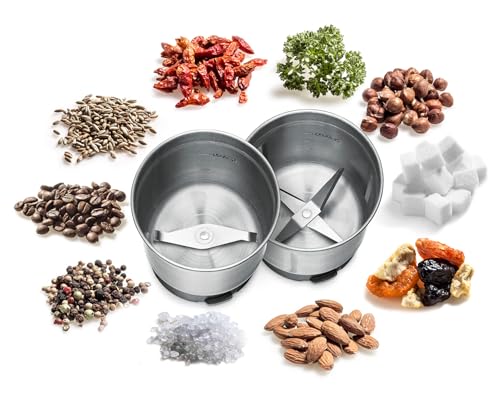 ROMMELSBACHER Gewürz- & Kaffeemühle EGK 250, 2 Edelstahlbehälter mit Schlagmesser & Spezialmesser, Füllmenge 70 g, Mahlgrad über Mahldauer wählbar, auch für Pesto, Gewürze, Nüsse, Zucker