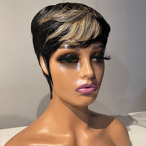 MaxlaceWig Short Pixie Cut Wigs for Black Women Human Hair 1B/27 Golden Highlighted Short Haircuts 100% Real Human Hair Tapered Hairstyle Wear and Go Glueless Pixie Wig with Bangs