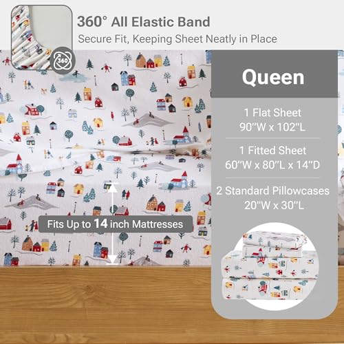 Sleep Philosophy True North 100% Cotton Flannel Sheets Queen Size, Cozy Flannel Sheet Set Brushed for Extra Softness, Heavyweight Novelty Print Warm Flannel Bedding Set, White Village Print 4 Piece