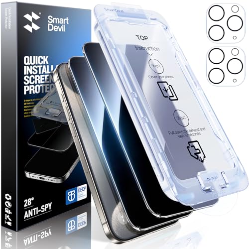 SMARTDEVIL 2+2Pack Privacy Screen Protector for iPhone 15 Pro Max with Camera Lens Protector,Shatterproof Tempered Glass[True 28°Anti Spy][9H Hardness][Automatic Dust-Elimination Install] iP