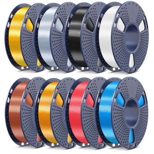 Image of SUNLU Silk Shiny PLA Filament Bundle 1.75mm, Individually Vacuum Packed, 0.25kg per Spool, 2kg in Total, 8 Pack, Silk Gold+Sliver+Black+White+Brass+Red Copper+Red+Blue
