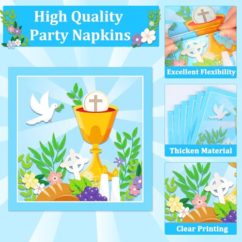 Image of Qyeahkj 100 Pcs Baptism Plates and Napkins, First Holy Communion Party Blue Paper Disposable Tableware Decorations for Boys God Bless Decor for Christening Celebration Party Baby Shower, Serves 25