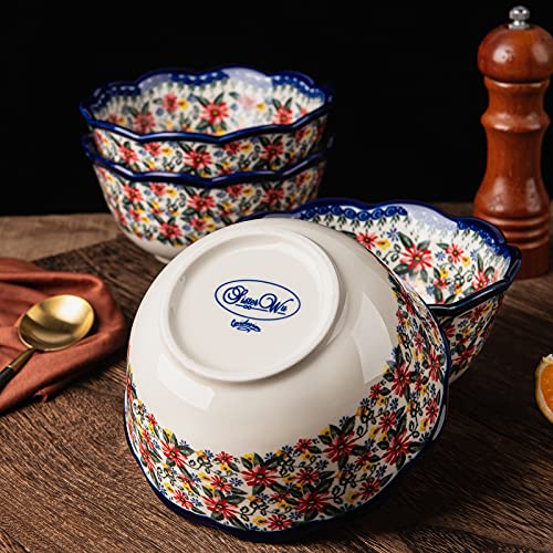 Onecci Cereal Bowls Ceramic, 6" Serving Bowls Set Of 4, Ideal As Cereal Bowls, Soup, Snack, Rice And Salad Bowls, Microwave And Dishwasher Safe 20 Oz Bowls, Vintage Blue (Exotic Daisy) #TOP5