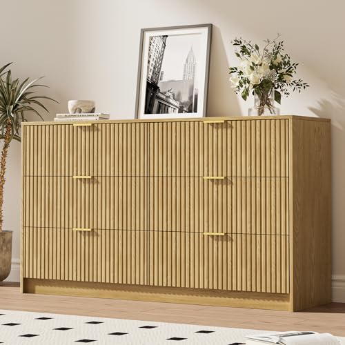 Image of MAISONARIA 6 Drawer Dresser for Bedroom, 55 inch Wide Modern Chest of Drawers with Gold Metal Handles, Fluted Wood TV Stand for Living Room, Hallway, Natural