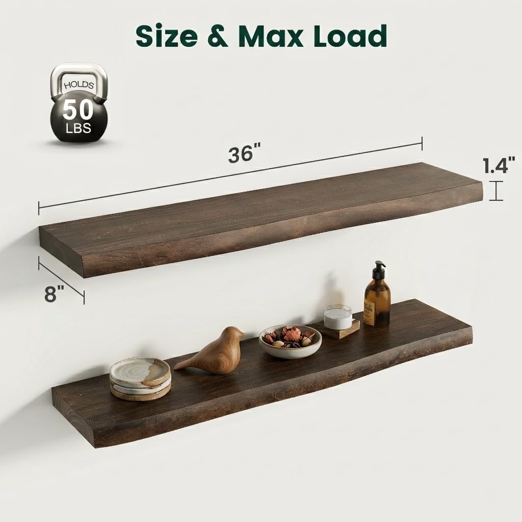 36 Inch Live Edge Floating Shelves, 8 Inch Deep Solid Elm Wood Wall Shelf, Heavy-Duty Wall Mounted Shelf with Invisible Brackets for Living Room, Bathroom, Kitchen, Set of 2, Walnut Color