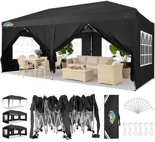 COBIZI Pavillon 3x6 Faltpavillon Wasserdicht Stabil Winterfest Faltbar Partyzelt mit 6 Seitenteilen Pop up Gartenpavillon UV Schutz 50+ Höhenverstellbar für Strand Hochzeit Camping, Schwarz