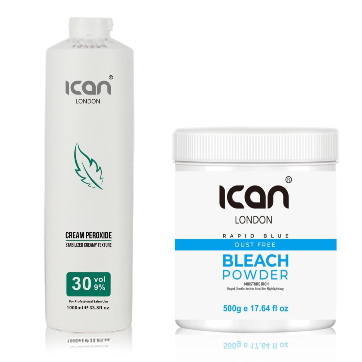 ICAN LONDON PROFESSIONAL CREAM PEROXIDE 30 VOL 9% 1000 ML + RAPID BLUE POWDER BLEACH (JAR) 500 G SET