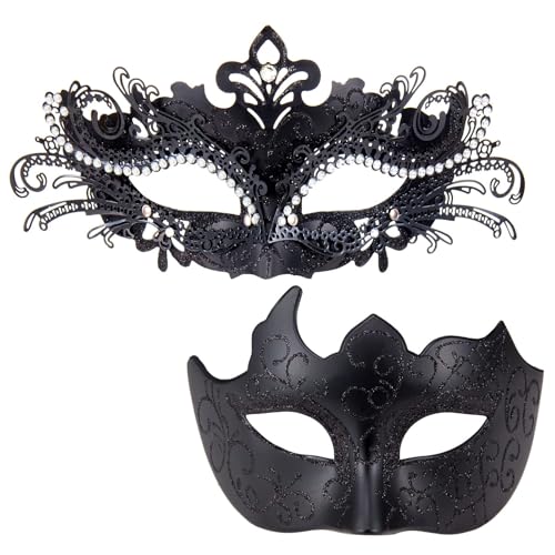 MYSEUNI Czarna maska maskaradowa dla pary - błyszcząca maska wenecka ze strasu - impreza halloweenowa maska Mardi Gras