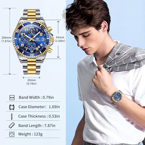 Image of OLEVS Watches for Men Stainless Steel Dress Men Watch with Date Big Face Chronograph Waterproof Luxury Fashion Watch Blue /Black /Gold /Green /Silver Face Relojes para Hombres