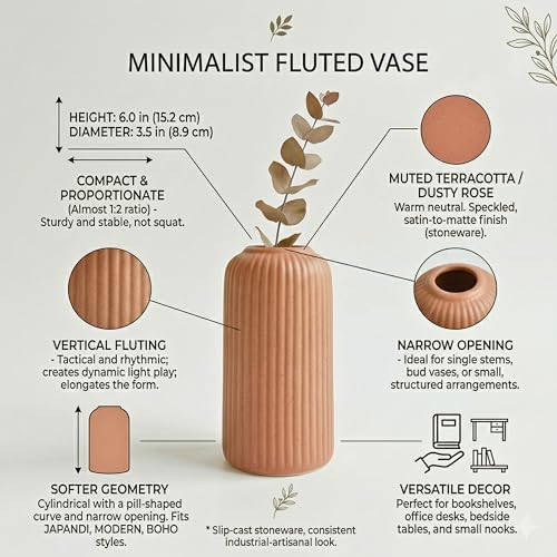 Image of KREATIVE ART'S Modern Ribbed Design Ceramic Flower Vase for Living Room, Flower Pots for Artificial Flower, Home Decoration Item, Home Decor, Vases for Living Room (TAN-BEIDGE, Small)
