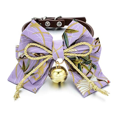 Accesyes Cat Collar with Bell Japanese Joyous Flower Print Breakaway with Bowtie Tie Kitten Puppy Adjustable, 1 Size Fits All (Purple) Cover