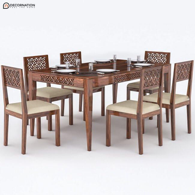 Image of DecorNation Beringen Solid Wooden 6 Seater Dining Table Set with Chairs | Cushioned Seating with Jute Fabric | Modern Dining Table Furniture for Home & Dining Room