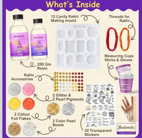 Image of JHINTEMETIC Resin Art Kit with Moulds for Rakhi Making DIY | 200gm Epoxy Resin, 12 Cavity Mould, Beads & Threads, Pigments & Foil Flakes, 30 Stickers Included