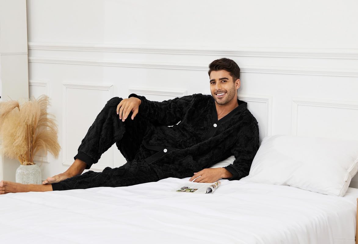 Vulcanodon Mens Plush Warm Pajama Sets Soft Fluffy Long Fuzzy Sleepwear with Pockets Cozy Loungewear Pjs Set for Men - Image 5