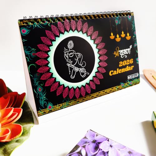 Image of Lord Krishna Silhouette Desk Calendar 2026 | 9x6 Inch Flip Calendar with Unique Krishna Art & Vibrant Backgrounds | Indian Holidays Marked | Spiritual Office Desk Decor