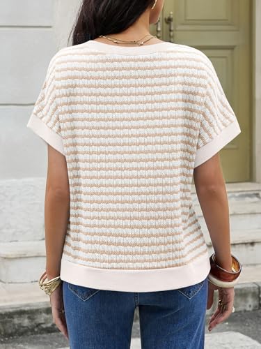 Tankaneo Womens Oversized V Neck Striped Sweaters Cap Short Sleeve Color Block Pullover Tops Trendy Casual Knit Shirts Apricot — view 5