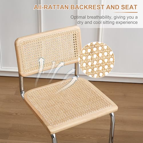 Image of Flouki Counter Stool Rattan Set of 4, Rattan Counter Height Stools with Wood Back, 24 Inch Modern Bar Stools, Mid Century Cantilever Counter Chairs for Kitchen Island, Chrome Legs