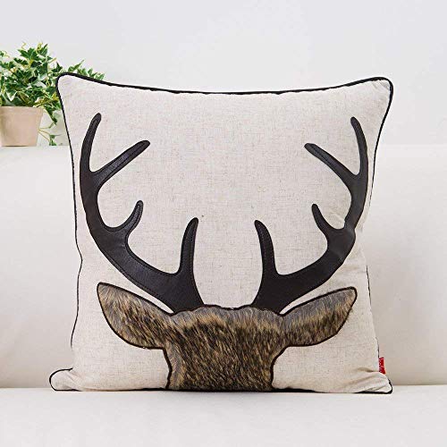 baibu Deer Cotton Linen Cushion Cover Beige Pattern Throw Pillow Cover with Faux Leather and Fur Applique
