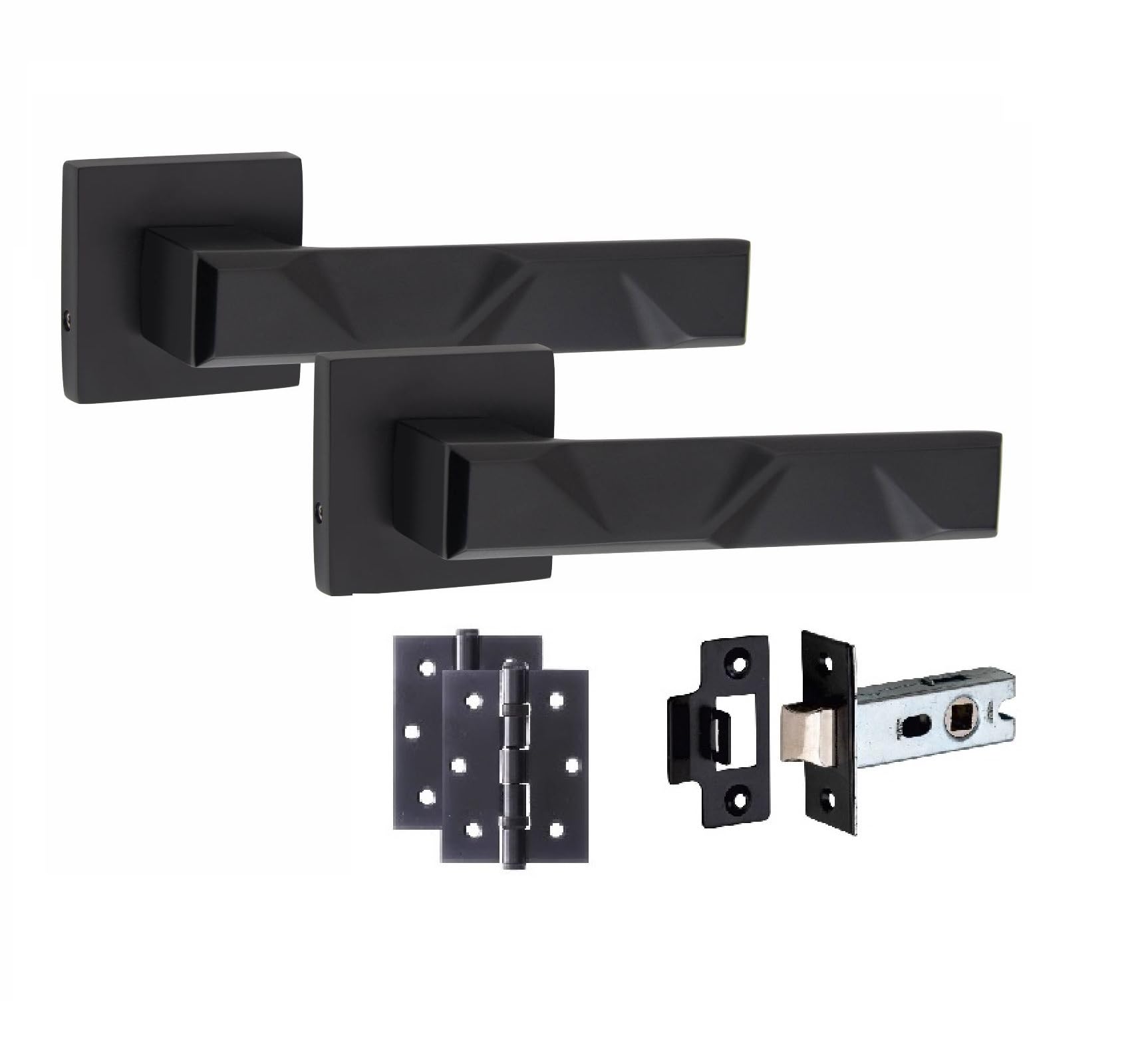 1 Pair Modern Nova Matt Black Internal Door Handles Square Rose 3" Ball Bearing Hinges And 2.5" Tubular LatchGolden Grace from B&Q