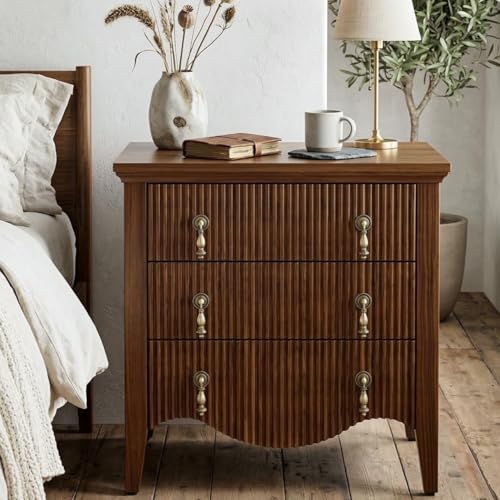 Image of FUSUNBAO Fluted Nightstand with Charging Station & 3 Drawers,Walnut | Vintage Bedside Table, 2 Fluted Drawers and Open Shelf, Rustic End Table, Power Outlet and USB Ports,End Table.bedroom