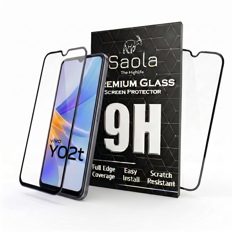 Image of Saola HD+ Oleophobic Tempered Glass Screen Protector For Vivo Y02T (Pack Of 2) with Free Installation Kit. Full screen Coverage - 6.51 inch