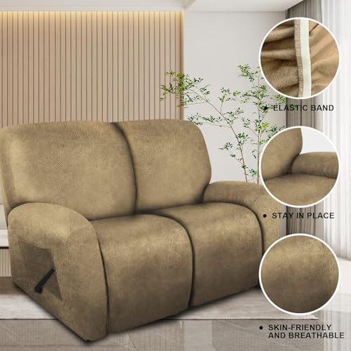 Image of molasofa Loveseat Recliner Slipcover - 6 Pieces Stretch Leather Like Recliner Sofa Cover for 2 Seat Dual Reclining Loveseat Couch, Furniture Protector with Elastic Bottom (Mustard)