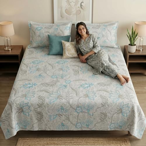 Image of Mafatlal 186 TC Metro Cotton Double Bedsheet | 90 x 100 Inch | Lightweight Comfortable Fabric with 2 Pillow Covers | Modern Bed Linen | Storm Blue