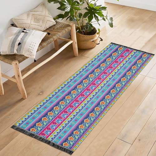 SUKAU フロアマット ストライプ 花柄 北欧 廊下 ラグ 洗える 60X180cm キッチンマット 滑り止め ロングマット 玄関マット 年中使える