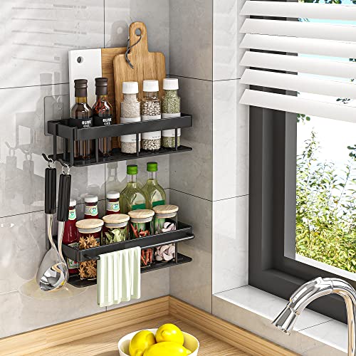 Shower Caddy, Black Shower Caddy With 2 Hooks And 1 Towel Bar, Adhesive Shower Caddy Aluminum Bathroom Wall Shelf, No Drilling Shower Organizer For Bathroom Toilet, Kitchen-2 Pack (Matte Black) #TOP1