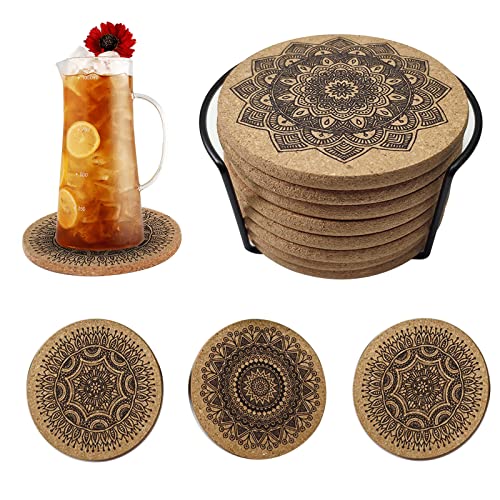 CkFyahp Lot de 12 dessous de verre en liège - Ronds réutilisables - Mandala - Absorbants - Pour la maison, le café, la maison, le bar, la cuisine, le restaurant Cover