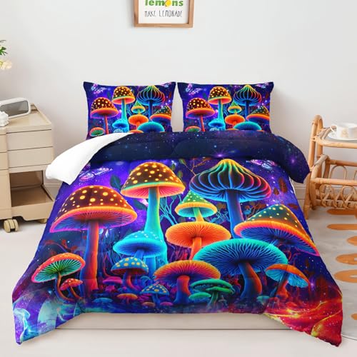 Image of AILONEN Kids Mushroom Bedding Set Queen Size,Starry Night Wild Fungus Duvet Set for Boys Girls,Colorful Mushroom Butterfly Comforter with 2 Pillowcases,3Pcs